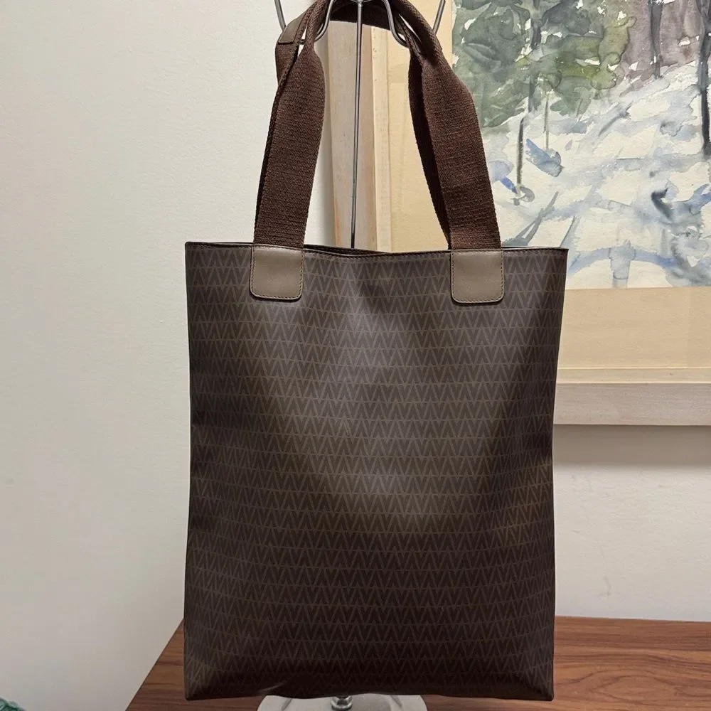 NWOT Mario Valentino Brown Logo Coated Canvas Tote Bag with Shoulder Strap.